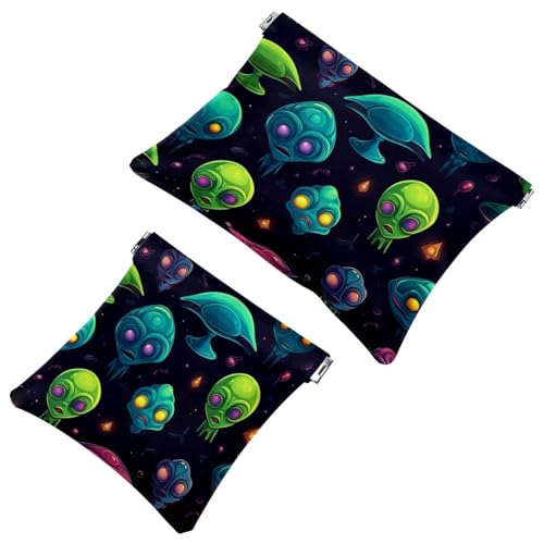Schrapnellbeutel für Geldbörse, Cartoon-Grün, Alien-133, wasserdichte Make-up-Tasche, tragbare Tasche für Damen, Geschenk, 2 Stück, Mehrfarbig 07, A：7.1x5.8in/18x14.8cm，B:4.7x4.5in/12x11.5cm von Generisch