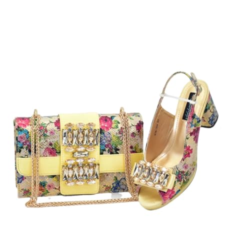 Schuh- und Taschen-Sets für Damen, aus Italien, Schuh-Hochzeit, komplett mit Strasssteinen, gold, 40.5 EU von Generisch