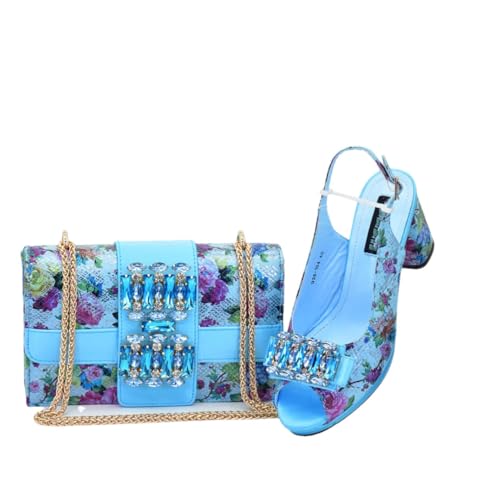 Schuh- und Taschen-Sets für Damen, aus Italien, Schuh-Hochzeit, komplett mit Strasssteinen, himmelblau, 41.5 EU von Generisch