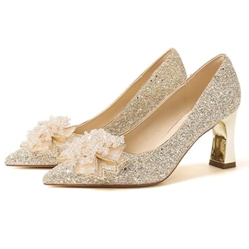 Schuhe Damen Absatz Boots Karneval Pailletten mit passenden Schuhen Brauthochzeitsschuhe Neue Flache Mund Spitze Kristallschuhe Haupthochzeitskleid High Heels Nicht Damen Schuhe Keilabsatz (Gold, 39) von Generisch