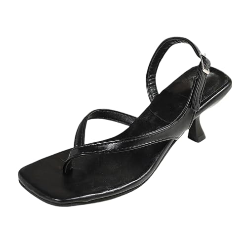 Schuhe Damen Mit Absatz Bequeme Zehentrenner-Sandalen mit Schnalle und 6 cm Absatzhöhe. Perfekt für Sommeroutfits, einschließlich Shorts und Jeans. Silberne Schuhe Damen Mit Absatz (Black, 38) von Generisch