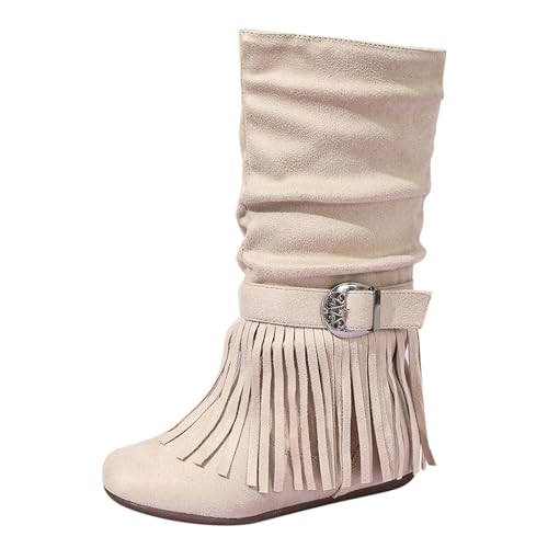 Schuhe Damen Wechselfußbett Blau Außenhandel Quaste Flache Unterseite Straße Alle Seite Zipper Western Cowboy Stiefel Runde Kappe Quaste Stiefel Plissee Schnalle Stiefel Kinder Mädchen 27 (Beige, 35) von Generisch
