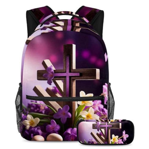 Schulranzen-Set für Kinder, Rucksack mit Federmäppchen für Jungen, Mädchen, Teenager, violettes Kreuz, 2-teilig, mehrfarbig, B：29.4x20x40cm P：19x7.5x3.8cm, Tagesrucksäcke von Generisch