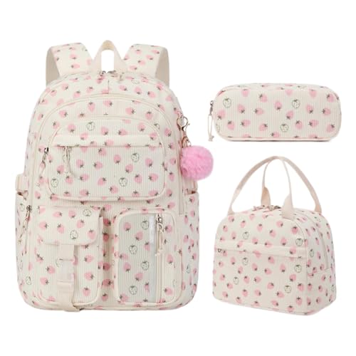 Schulrucksack Mädchen Teenager Cord Schulranzen mit Lunchbag und Federmäppchen,Freizeit Büchertasche Rucksack Backpack Casual Daypacks für Damen,Geschenke für Tochter Enkelin-Erdbeere-1 von Generisch