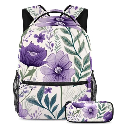 Schultaschen-Set für Kinder, für Jungen, Mädchen, Teenager, Reisebuchtasche für Schüler mit großem Fassungsvermögen und komfortablem Design, violettes Blumenmuster, 2-teilig, mehrfarbig, von Generisch