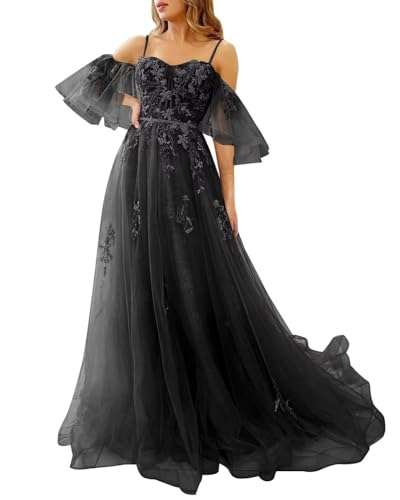 Schulterfreie Tüll-Ballkleider für Teenager Spitzenapplikationen formelle Kleider A-Linie Spaghettiträger formelle Abendkleider Black 6XL von Generisch