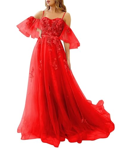 Schulterfreie Tüll-Ballkleider für Teenager Spitzenapplikationen formelle Kleider A-Linie Spaghettiträger formelle Abendkleider Red M von Generisch