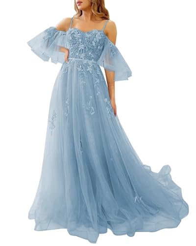 Schulterfreie Tüll-Ballkleider für Teenager Spitzenapplikationen formelle Kleider A-Linie Spaghettiträger formelle Abendkleider Sky Blue 4XL von Generisch