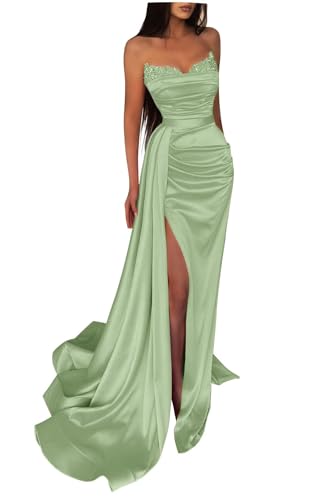 Schulterfreies Pailletten-Ballkleid Langes Mit Satin-Perlen Verziertes Meerjungfrau-Abendkleid FüR Damen Formelles Partykleid Mit Schlitz Sage Green M von Generisch