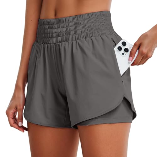 Schwarz 2-In-1-Laufshorts Für Damen, Schnelltrocknend Atmungsaktiv Radhose Aktives Training Sommer Kurze Hose Fitness Yoga Shorts Gym Jogging Hohe Taille Sporthose Mit Taschen Marine Weiß Rot Xxl L von Generisch