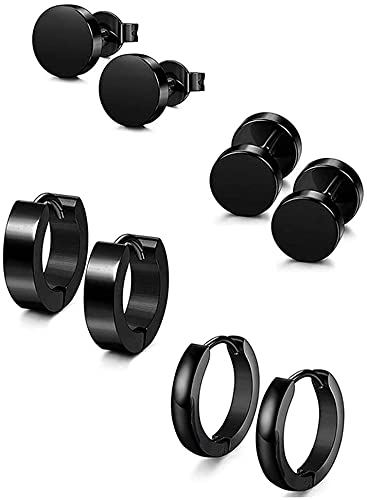 Schwarz 4 Paar Hantel Hoop Runde Ohrstecker Set Edelstahl Ohrstecker für Männer Frauen Praktisch von Generisch