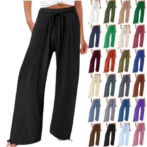 Schwarz Leinenhose Damen Sommer Leinen Hosen Weites Bein Palazzo Grün Freizeithose Hohe Taille Einfarbig Sommerhose Leicht Musselin Stoffhose Casual Strandhose mit Taschen XXS 5XL 4XL von Generisch