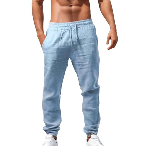 Schwarz Leinenhose Herren Leichte Sommerhose Lang Slim Fit Freizeithose mit Kordelzug Baumwolle Leinen Strandhosen Elastischer Bund Stoffhose Männer Bequeme Hose für Yoga Urlaub Strand Alltag Hochzeit von Generisch