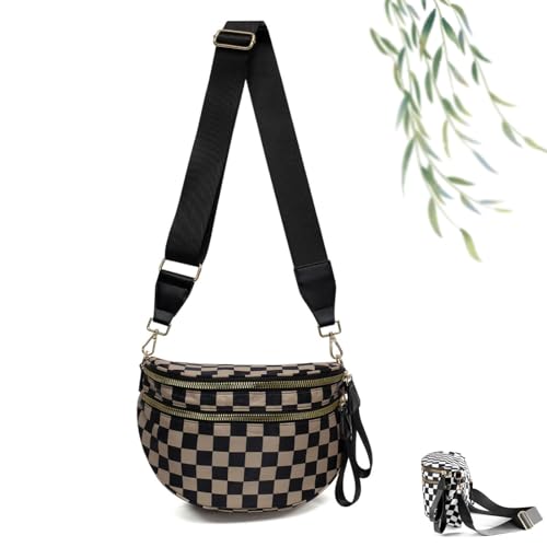 Schwarz-weiß Karierte Umhängetasche, Karierte Bauchtasche Umhängetasche, Nylon Umhängetasche für Frauen mit verstellbarem Riemen (Dunkelbraun) von Generisch