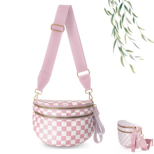 Schwarz-weiß Karierte Umhängetasche, Karierte Bauchtasche Umhängetasche, Nylon Umhängetasche für Frauen mit verstellbarem Riemen (Rosa) von Generisch