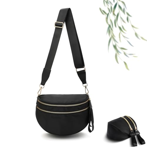 Schwarz-weiß Karierte Umhängetasche, Karierte Bauchtasche Umhängetasche, Nylon Umhängetasche für Frauen mit verstellbarem Riemen (Schwarz) von Generisch
