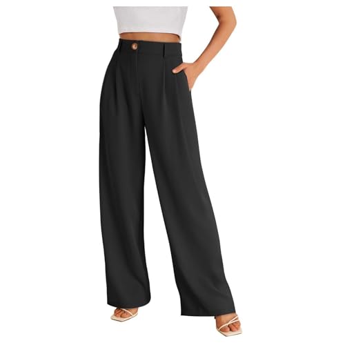Generisch stoffhose damen sommer kurz 7/8 elegant schwarz, Schwarze Lange Weite Anzughose Damen Elegant - High Waist Lässig Freizeithose Culotte Bund Mit Taschen Business Palazzo Stoffhose von Generisch