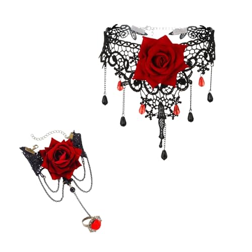 Schwarze Spitze Spinnennetz Choker Halskette für Frauen - Gothic Schädel & Rot Kristall Charm Anhänger, Elegantes Gothic Halsband für Halloween & Kostümpartys, Einheitsgröße, Kupfer, Kein Edelstein von Generisch
