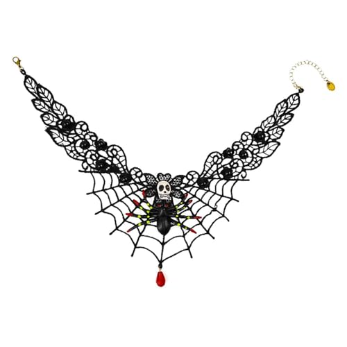Schwarze Spitze Spinnennetz Choker Halskette für Frauen - Gothic Schädel & Rot Kristall Charm Anhänger, Elegantes Gothic Halsband für Halloween & Kostümpartys, Einheitsgröße, Kupfer, Kein Edelstein von Generisch