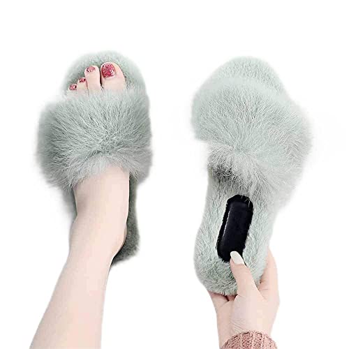 Schwarze flauschige Pantoffeln, Kunstfell, flauschige Hausschuhe, modische Damenschuhe, pelzige Flip-Flops, Pelz-Slides mit Fußgewölbeunterstützung, flache Sandalen, Herbstslides für drinnen und von Generisch