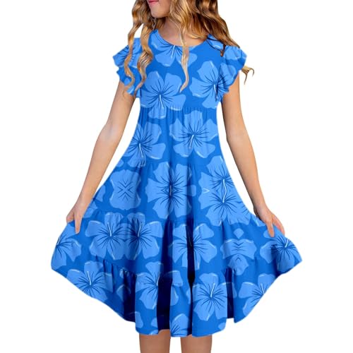 Schwarzer Kurz Sommerkleider für Mädchen, doppellagig, flatternde Ärmel, fließendes A-Linien-Kleid, lässig, Midi-Kleid mit Farbverlauf Mädchen Kurz Sommer (Blue, 10-11 Years) von Generisch