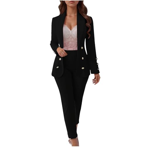 Schwarzer Overall Solid Color Buttoned Slim Fit Cardigan Suit Jacket Suit Pants Two Piece Set Reitoverall Damen Winter (Black, L) von Generisch