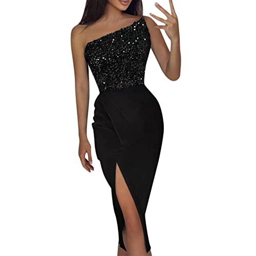 Schwarzes Glitzerkleid Damen Lang-Paillettenkleid Damen Partykleid Ärmellos Asymmetrisch Frauen Pailletten Langer Kleid Schicke Sommerkleider Cocktailkleid Große Größen von Generisch