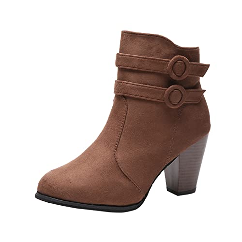 Schwere Absätze Winter Große Stiefel Mode Kurze Stiefel Damen High Heels Warme Damen Stiefeletten Wathose Mit Neopren (Brown, 37) von Generisch