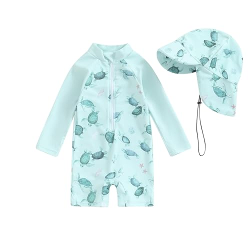 Schwimmanzug Set mit Langarm Reißverschluss Hut BabyUV Anzug Druck Zweiteilige BadeanzugSommer KleinkindUV Schutz Schnelltrocknender Strand Pool Badeanzug (Green, 6-12 Months) von Generisch