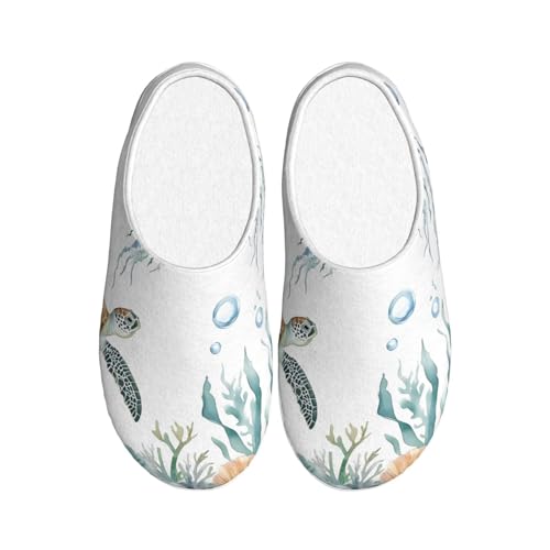 Sea Ocean Fish Damen Hausschuhe Flanell Haus Pantoffeln für Herren Schildkröte Seestern rutschfeste Warme Winterschuhe für Indoor Outdoor, mehrfarbig, X-Small Men/ X-Large Women von Generisch