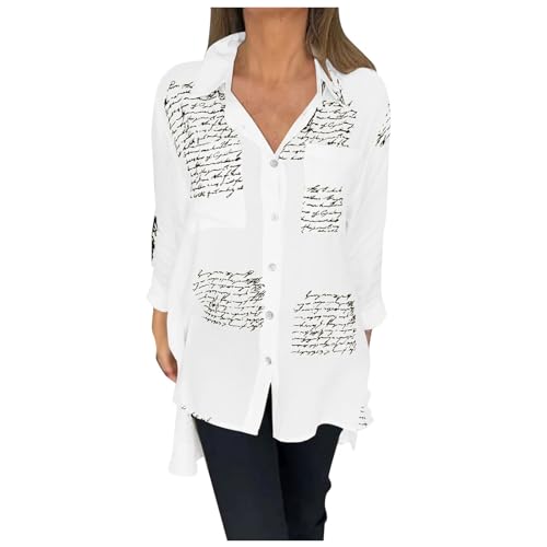 Seidenbluse Damen Top Fashion Langarm-Revershemd Einreihiges bedrucktes Hemd Modische Damen (White, XXL) von Generisch