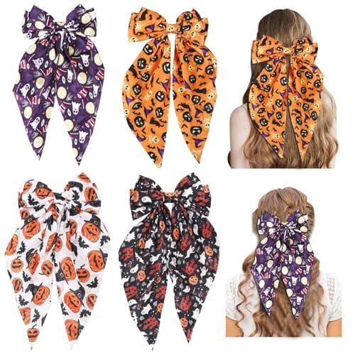 Seidige Halloween-Haarschleifen für Damen, große Schleife, Haarspangen für Mädchen, übergroße Haarspangen mit langem Schwanz, niedliches Haar-Accessoire (Halloween, lila) von Generisch