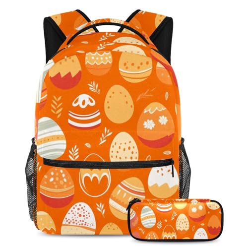 Seien Sie der Neid Ihrer Klasse mit unserem stilvollen und geräumigen Rucksack- und Federmäppchen-Set für Jungen, Mädchen und Teenager, Ostereier, Orange, mehrfarbig, B：29.4x20x40cm P：19x7.5x3.8cm, von Generisch