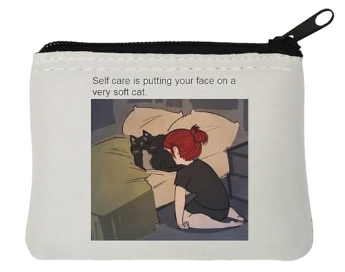 Self Care is Putting Your Face on a Very Soft Cat Funny Meme Neopren Münzgeldbörse, 10 x 11 cm, Weiß von Generisch