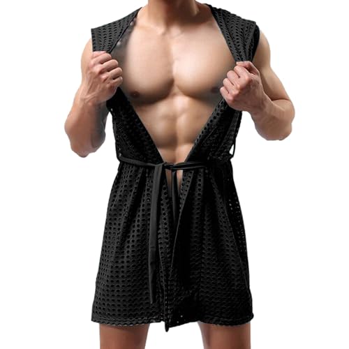 Sexy Bademantel Durchsichtig Netz Nachthemd Herren kurz Robe mesh Nachthemd Transparent Jacke Sexy Netzbademantel durchsichtige Pyjama Ärmellose Fischernetz Jacke Modisch Strickhemd von Generisch