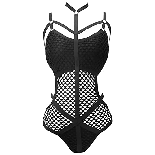 Sexy Body Dessous Große Größen Damen Kinky Outfit Mesh Hohle Translucent Leidenschaft Versuchung Nachthemd Sexy Unterwäsche Set Reizwäsche One Piece Erotische Lingerie Negligee (Schwarz,M) von Generisch