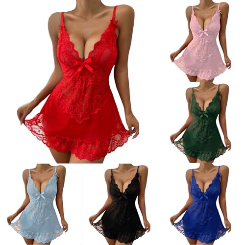 Sexy Dessous Damen Babydoll Reizwäsche Nachthemd Kurz Damen Unterwäsche Sexy Set Negligee Lingerie V-Ausschnitt Transluzente Spitze Valentinstag Sleepwear Kleid mit Tanga von Generisch