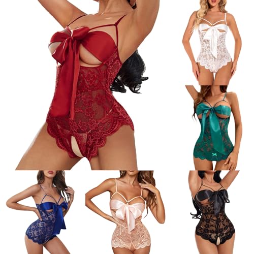 Sexy Dessous Damen Für Weihnachten - Spitze Bodysuit Mit Schleife Weihnachten Cosplay Bodydoll Offener Schritt Unterwäsche Xmas Reizwäsche Negligee Einteiler Santa Nachtwäsche Weihnachtskostüm von Generisch