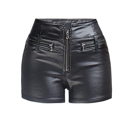 Sexy Leder Shorts Damen Hohe Taille Kunstledershorts Leicht Kurze Faux Hosen Lederoptik Kurze Freizeithose Streetwear Skinny Kurze Sommerhose Tummy Control Modehose(Black,L) von Generisch