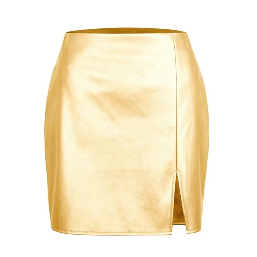 Sexy Valentinstag Farbiger Kurzer Rock Gold Damen Mini Slim Fit Hüftrock Lederrock Geschlitzter Minirock Hohe Taille Elastisch Bauchweg Röcke Enges Röck Skinny High Waist Damenrock Kurz (Gold, M) von Generisch