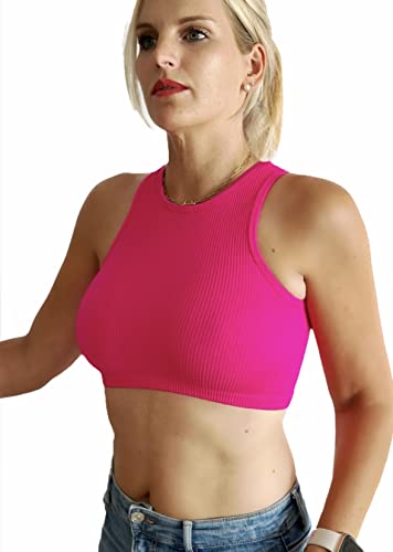 Sexy & Elegantes Damen Crop Top, Slim Fit Tanktop kurzes Bauchfreies Shirt, BH freies Basic-Oberteil Solid Round-Neck Designed in Europa/Mallorca (as3, Alpha, m, l, Regular, Regular, Pink) von Generisch