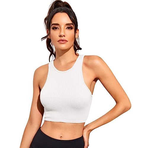 Sexy & Elegantes Damen Crop Top, Slim Fit Tanktop kurzes Bauchfreies Shirt, BH freies Basic-Oberteil Solid Round-Neck Designed in Europa/Mallorca (as3, Alpha, m, l, Regular, Regular, Weiß) von Generisch