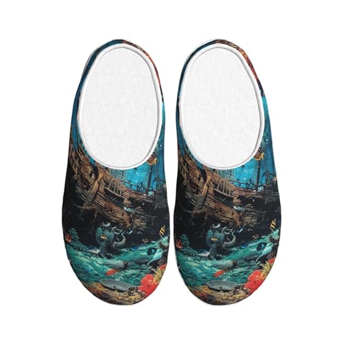 Shipwreck Under The Sea Damen Hausschuhe Flanell Haus Pantoffeln für Herren Ozeanfisch rutschfeste Warme Winterschuhe für Indoor Outdoor, mehrfarbig, 3X-Large von Generisch