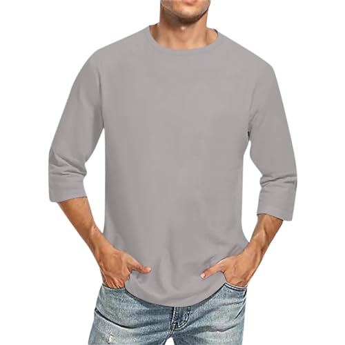 Shirt 3/4 Arm Herren Einfarbig Rundhals Casual Sportshirt Freizeit Oberteil Dreiviertelarm T-Shirt für Männer Basic Tshirt Baumwolle Pullover Shirts Top Grau XL von Generisch
