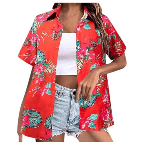 Shirt Damen, Hawaii Hemd Damen Kurzarm Hawaiihemd Sommer Hawaiibluse Strandshirt Funky Hawaiishirt Fronttasche Party Hawaiihemden Frauen Hawaii Outfit Frauen Print Casual Hemdbluse Shirt Tops von Generisch