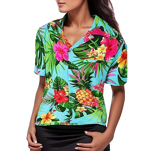 Shirt Damen, Hawaii Hemd Damen Kurzarm Hawaiihemd Sommer Hawaiibluse Strandshirt Funky Hawaiishirt Fronttasche Party Hawaiihemden Frauen Hawaii Outfit Frauen Print Casual Hemdbluse Shirt Tops von Generisch