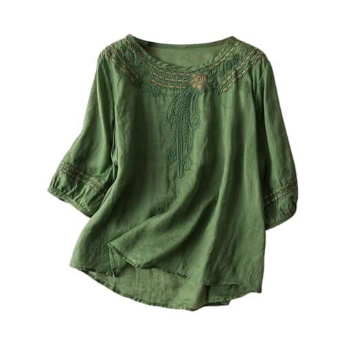 Shirt Damen, Leinenbluse Damen Halbarm Gelbes Tshirt Retro Elegante Oberteile mit Stickerei Muster Rundhals Leinenhemd Sommer Locker Leinen-Shirt Lässig Tunika Musselin Bluse Boho Summer Tops von Generisch