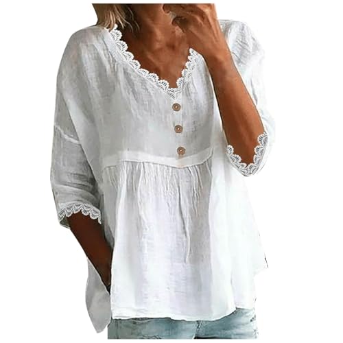 Shirt Damen Kurzarm Sommer Leinenbluse Elegant 3/4 Ärmel Oberteil Basic Baumwolle Blusenshirt Casual Tunika Slim Fit T-Shirt Lässig Leinenhemd Blusenshirt Damenblusen V-Ausschnitt Blusen Tshirt von Generisch