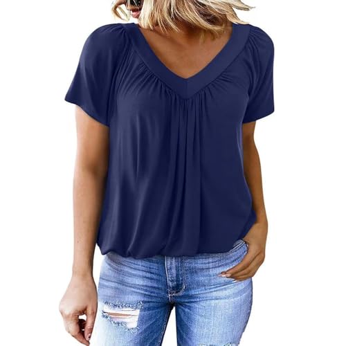 Shirt Damen Oversize T-Shirt Damen mit Plissiertem Basic Shirt Tunika Sommer Locker Tops Kurzarm (DE/NL/SE/PL, Alphanumerisch, XL, Regular, Regular, Dunkelblau) von Generisch