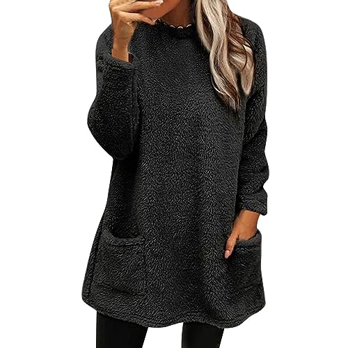Shirt Langarm gestreift Damen,Damen Lang Teddy Fleece Flauschig Pulli Lockeres Weich Winter Warm Sweatshirt Ohne Kapuze Einfarbig Lose Plüsch Oversize Casual Fleecepulli Mit Taschen von Generisch